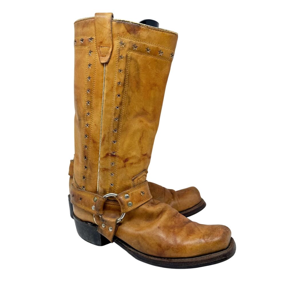 Vintage Cognac Leather Harness Boots w Metallic Gold Star Detail Men's Size 9.5